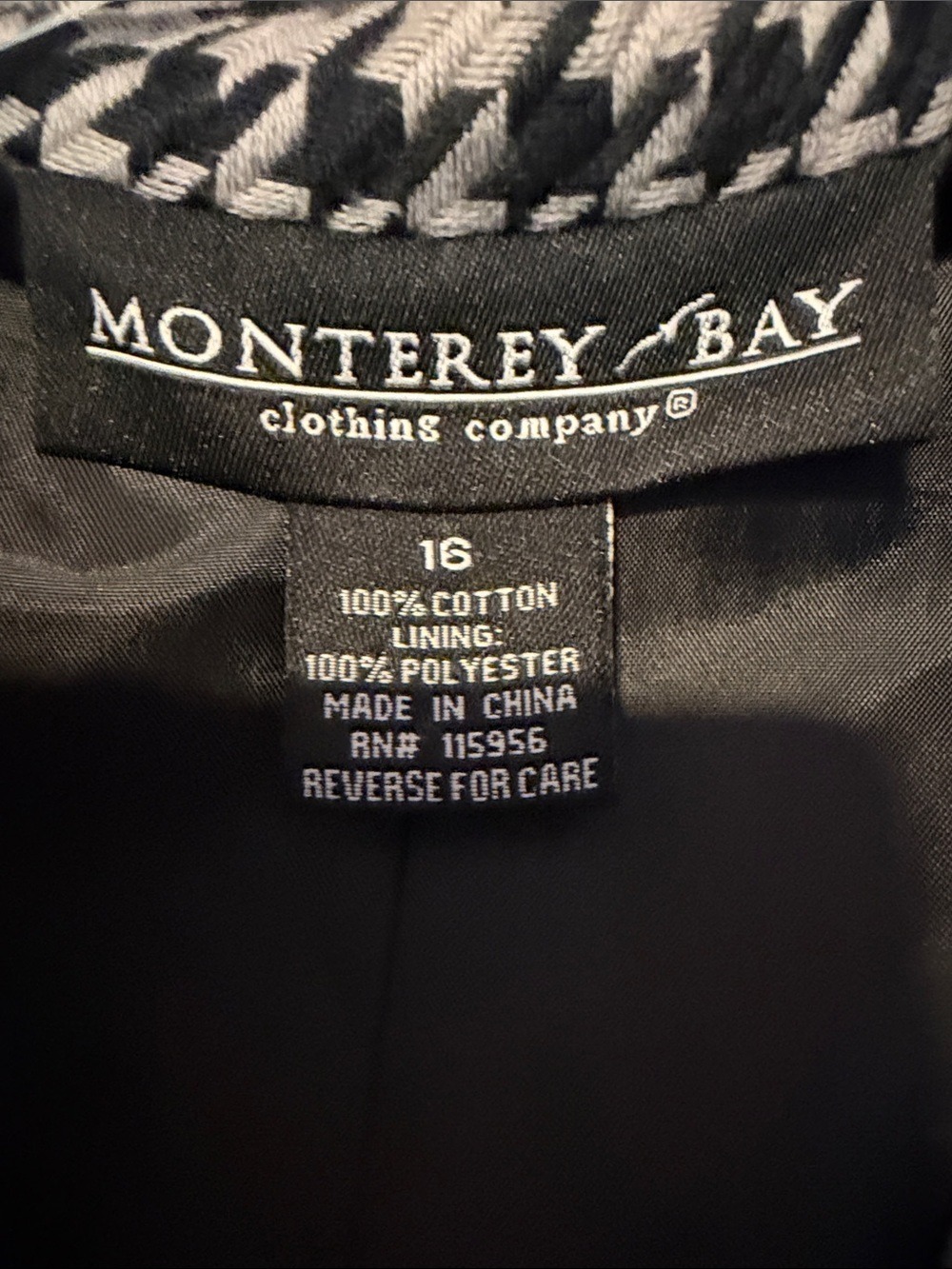 Monterey Bay Houndstooth Blazer Black Gray Piped Trim Tailored Sz 16 - Picture 3 of 9